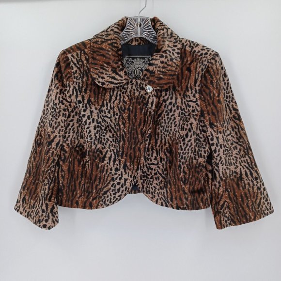 GUESS L Cropped Fur Lined Blazer Jacket Flared 3/4 Sleeve Y2K Retro Animal Print - Picture 3 of 15